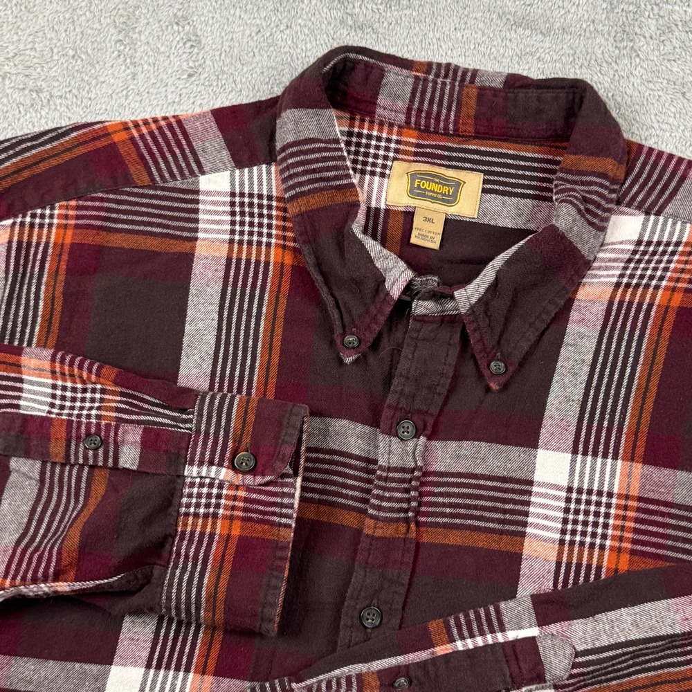 The Foundry Supply Co Mens 3XL‎ Plaid Flannel Shirt Burgundy Orange Cotton